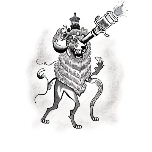 Stoic Lion Standing Next To A Torch And A Sword