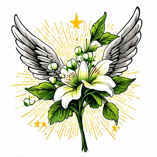 Tattoo With 1 Sprig Of Lily Of The Valley With Wings Behind And Stars Shining Around