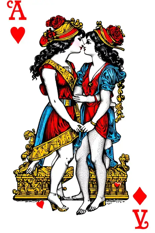Queen Of Hearts Playing Card With Two Queens Kissing