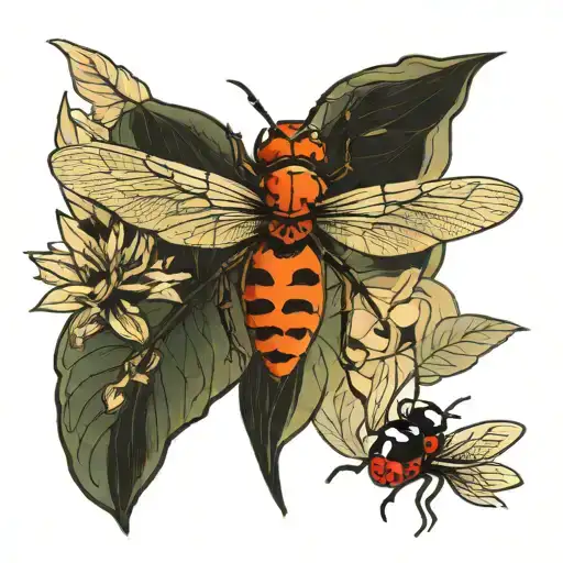 Dragonfly And Ladybug Protecting Crab