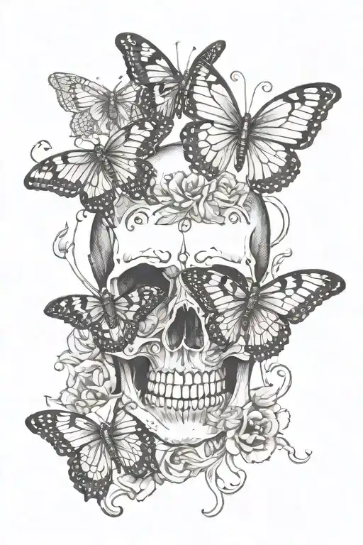 Butterfly Skull Tattoo Surrounded By Floating Souls