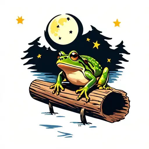 Frog Laying On A Log Looking At The Moon And Stars