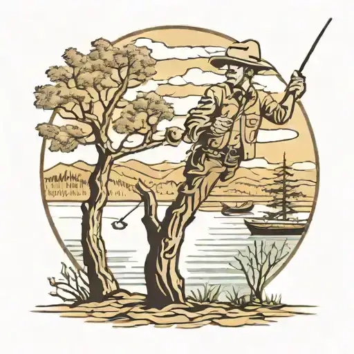 Tree By A Lake With A Fishing Pole And Cowboy Hat Hanging Off A Branch