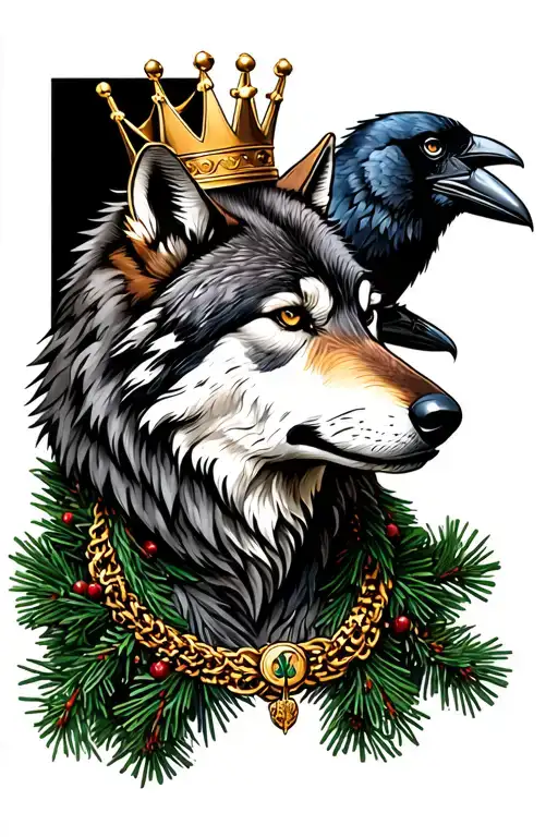 Wolf With A Pine Wreath And Raven Perched With A Gold Necklace And A Crown Lopsided On Its Head