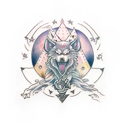 Yggdrasil And Valknut And Fenrir And Buginn And Muninn