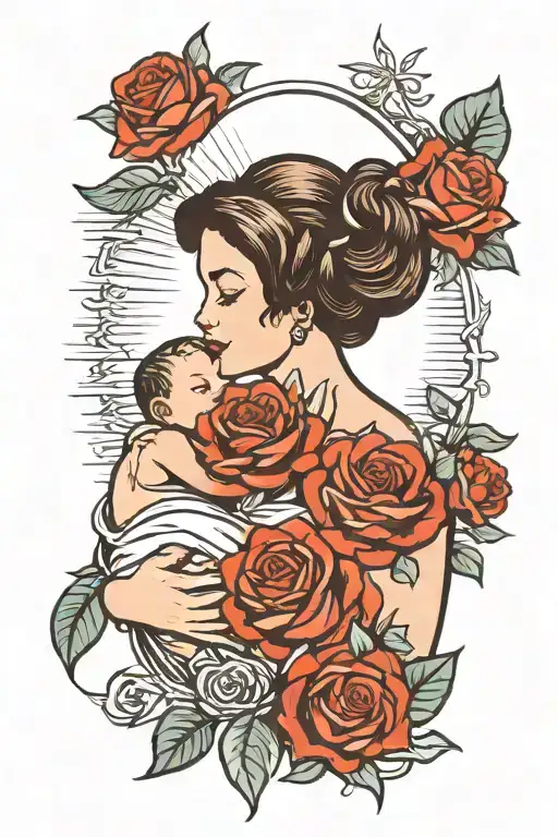 Create A Tattoo Of A Mother Holding Baby With Roses Around Them And The Sun Behind Her Head