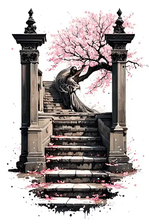 Heaven Gates Open With Stairs Using White Ink Splatter Cherry Blossom