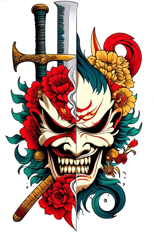 Oni Mask Split In Half With Samurai Sword Behind