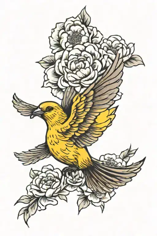 Yellow Bird Flying Away With A Peony Flower
