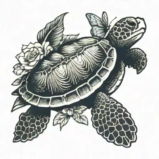 Sea Turtle With Butterfly Sitting On The Shell