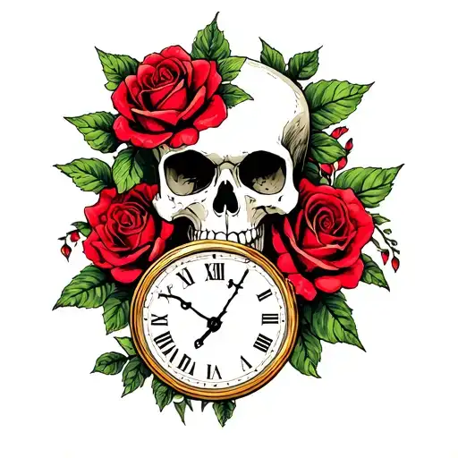 Pin Up Skull And Roses And Clock