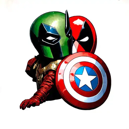 Loki's Helmet Sitting On Top Of Captain America's Shield With The Deadpool Logo In Place Of The Star