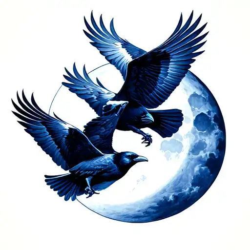 Two Ravens Flying Towards Blue Moon