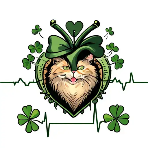 Ecg Heartline With A Shamrock And Cat Incorporated