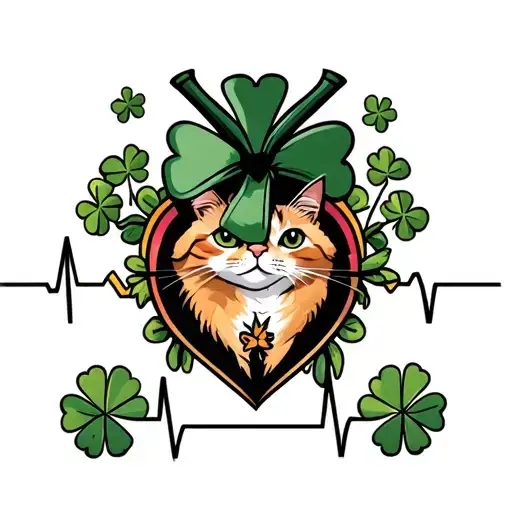 Ecg Heartline With A Shamrock And Cat Incorporated
