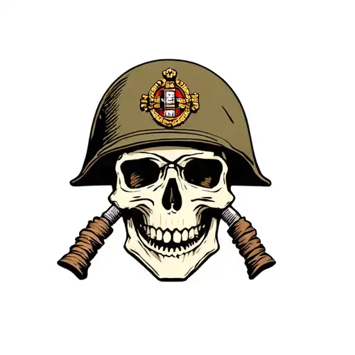Skull With German Military Helmet And Joint In Mouth