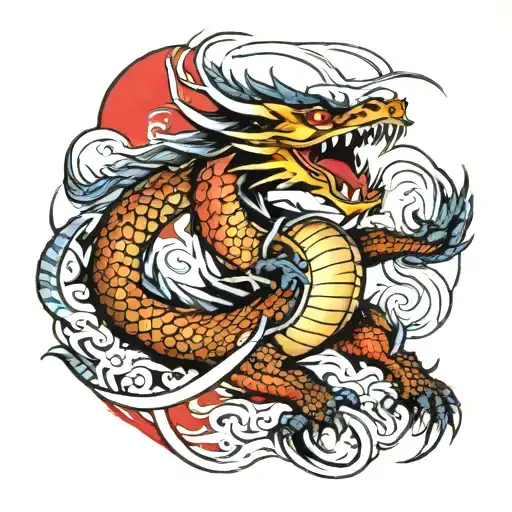 A Fierce Dragon Battling A Samurai Warrior In A Traditional Style Tattoo Design