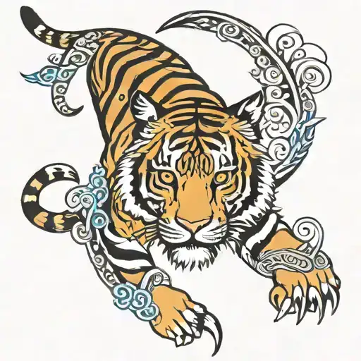 A Powerful Tiger Intertwined With Tribal Patterns And Symbols In A Traditional Style