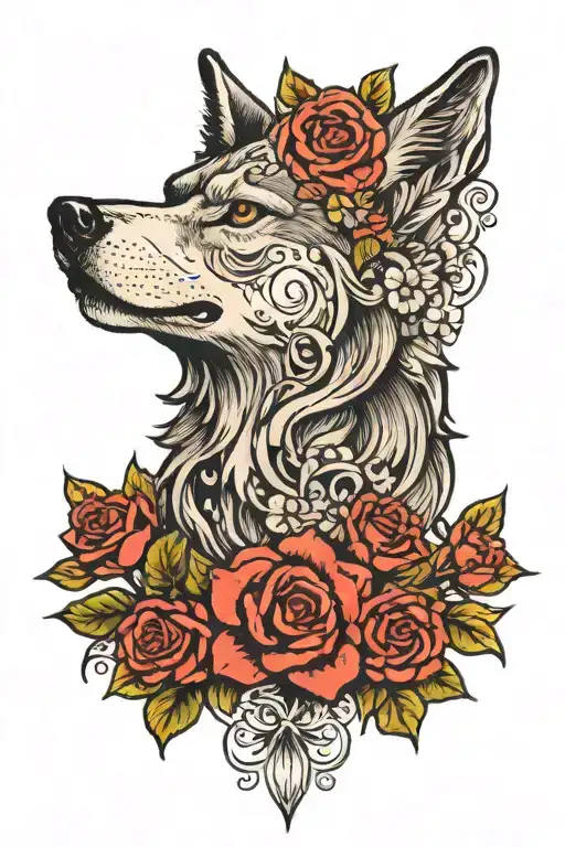 Wolf Blended By Roses And Mayflowers