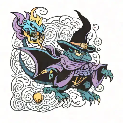Black Baby Dragon Wizard With Blue And Purple Closed Robes With A Pointed Hat And Casting A Fireball