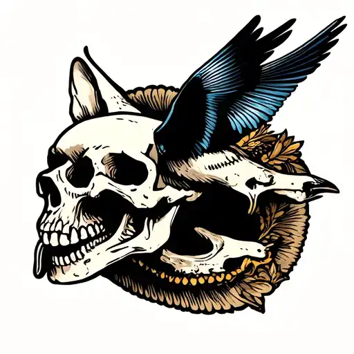 Dog Skull With Bird In Mouth Open