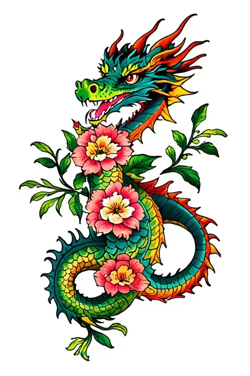 Dragon And Flowers Wrapped