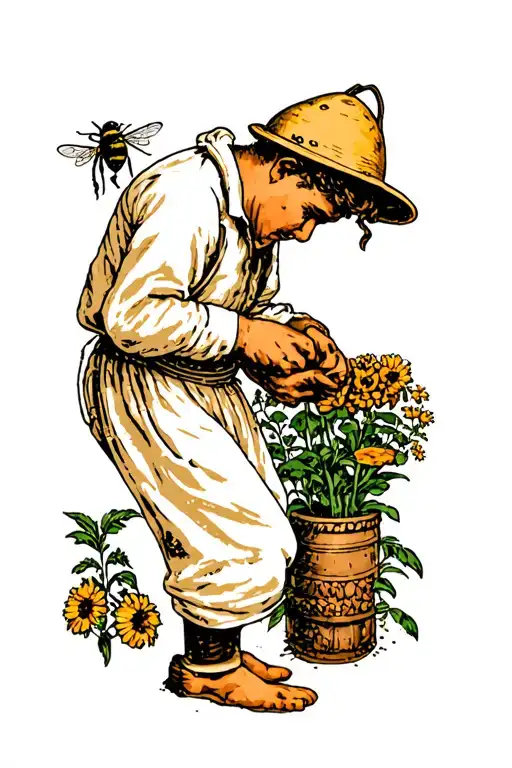 Beekeeper Tending To A Garden