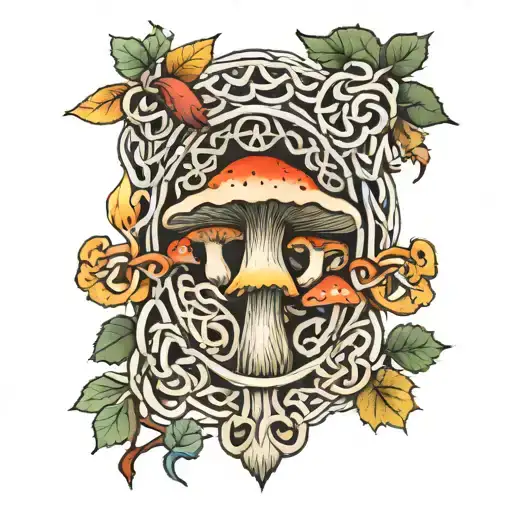 A Celtic Knotwork Design Incorporating Mushrooms And Fire