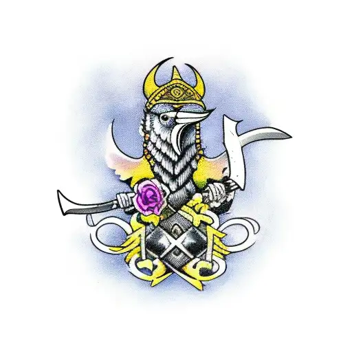 Viking Axe With Raven And Flowers