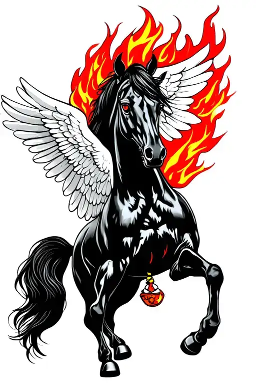 Black Horse With Fiery Red Eyes And White Wings