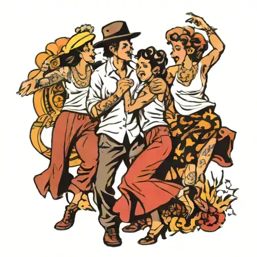 A Realistic Tattoo Of People Dancing At A Music Festival In A Traditional Style