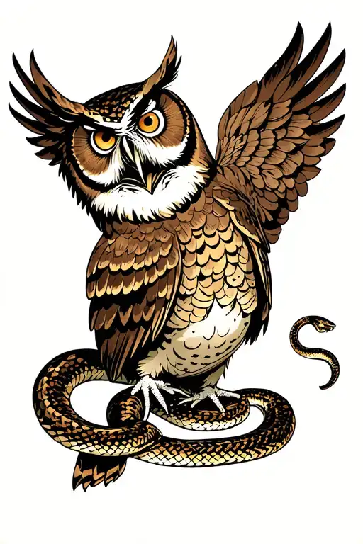 Traditional Angry Owl Perched With Snake On Belly