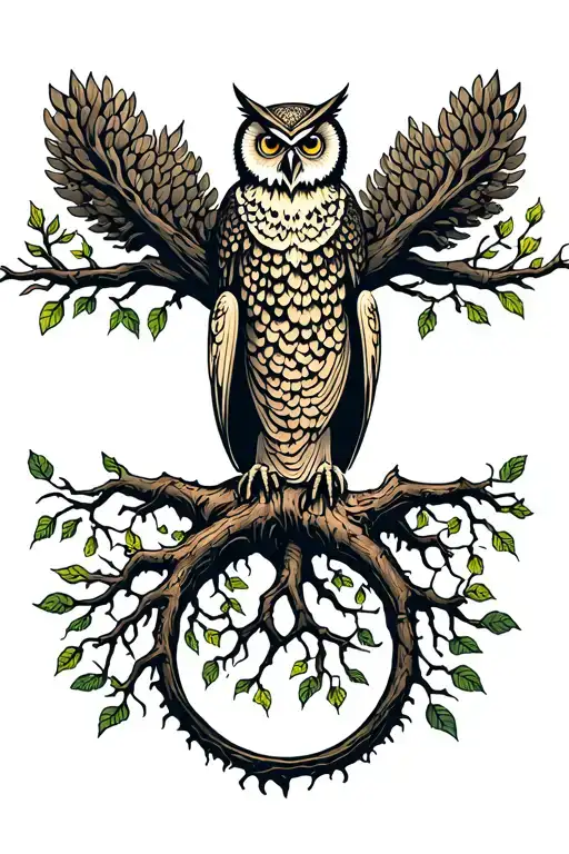 Tree Of Life With Root And Owl Perched Atop