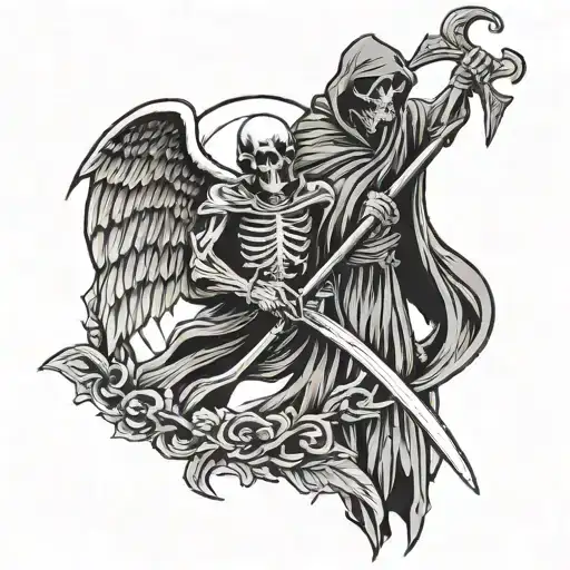 Grim Reaper Holding A Scythe With Angel Holding A Sword