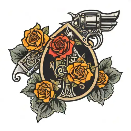 Ace Of Spades Card Surrounded By Roses With Revolvers Crossed In Front Of The Card