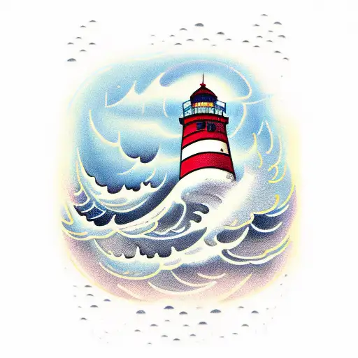 A Lighthouse Shining In The Rain With Large Waves Crashing Against It