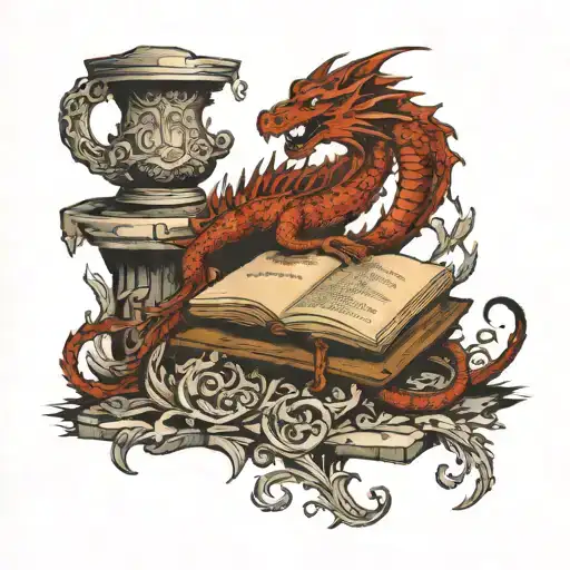 A Majestic Dragon Curled Around An Ancient Tome In A Mystical Library Setting