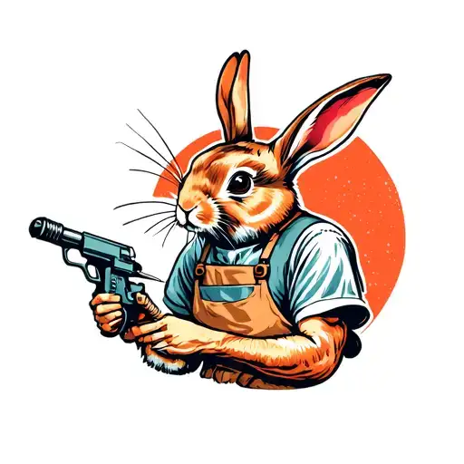 American Traditional Rabbit Tattoo Artist With An Apron On Using A Coil Gun To Tattoo With