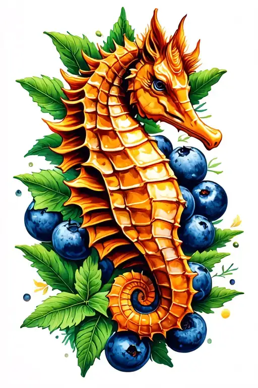 Seahorse Holding A Blueberry In The Curl Of The Tail