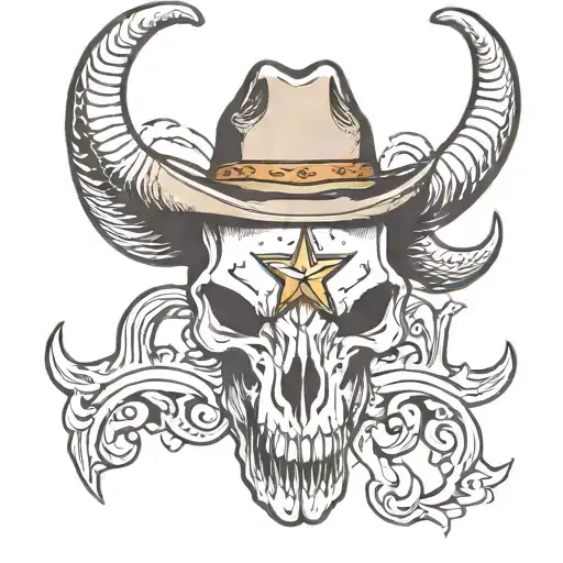 Texas Long Horn Skull Wearing A Cowboy Hat With The Texas Star On The Hat