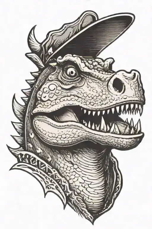 Dinosaur With A Bone In Its Mouth With A Rubber Duck On Its Head Holding A Pig