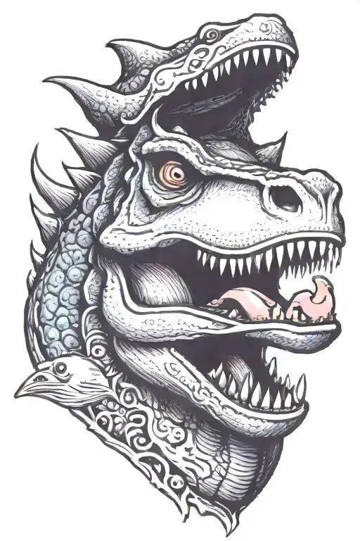 Dinosaur With A Bone In Its Mouth With A Rubber Duck On Its Head Holding A Pig