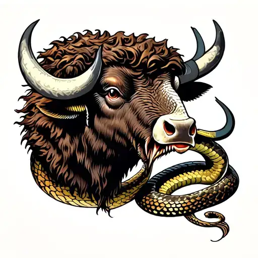 American Traditional Buffalo Head Being Chocked By A Snake A Snale