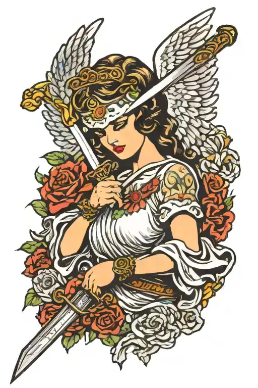 Angel Blindfold Covering Her Eyes With A Sword