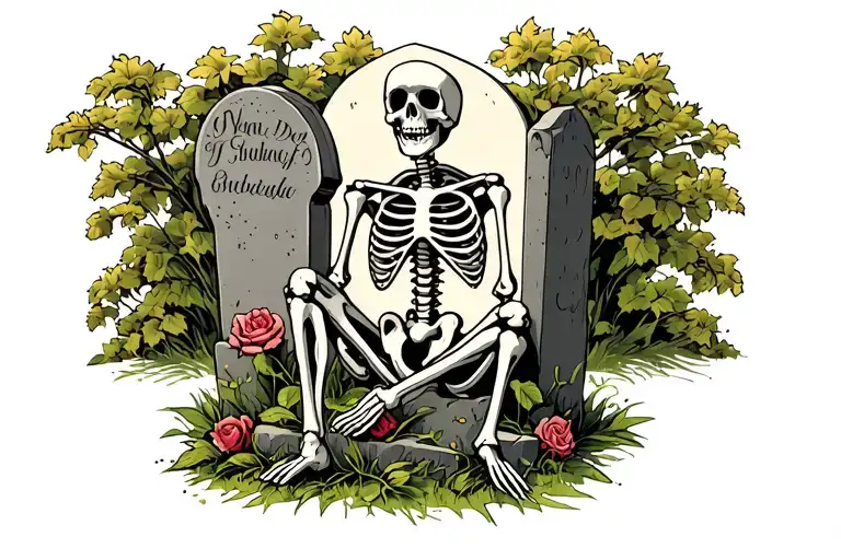 Skeleton Sitting Against Gravestone