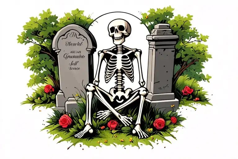 Skeleton Sitting Against Gravestone