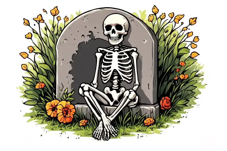 Skeleton Sitting Against Gravestone