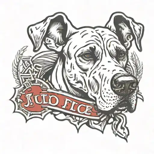 A Traditional Style Tattoo Of A Great Dane Wearing A Jiu Jitsu Gi And A Police Badge Around Its Neck