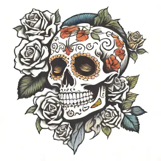 Dia De Muertos Inspired Skull Or Skeleton And Roses Along The Collar Bone Male