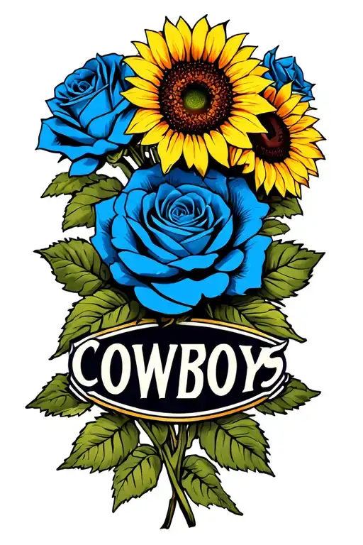 Sunflowers And Blue Roses And The Cowboys's Logo In The Middle Of The Flowers